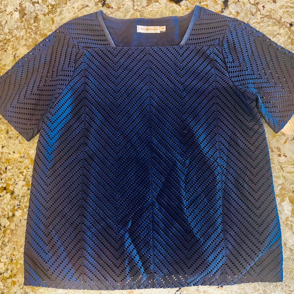 Tory Burch Womens Navy Eyelet Modern Geometric High End Classic Blouse Medium